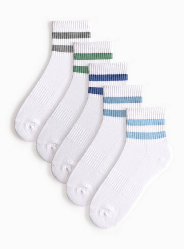 White Blue Stripe Print Cropped Ankle Socks 5 Pack 6-8.5